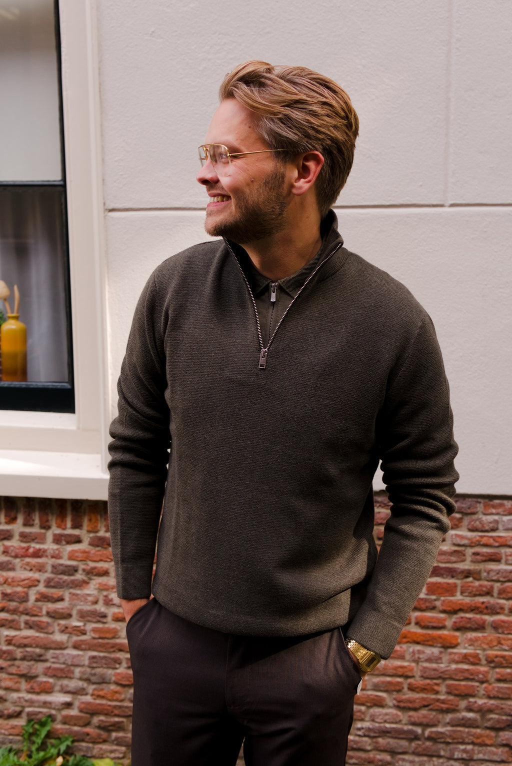 Ethan LS Zip Polo in Smokey Olive — Topics Fashion fotoshoot met Sjors en Sandra